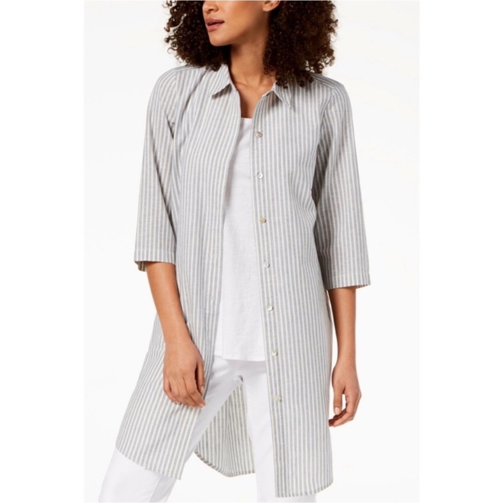 Eileen Fisher Chambray Hemp Cotton Stripe Shirt Dress - Picture 14 of 15